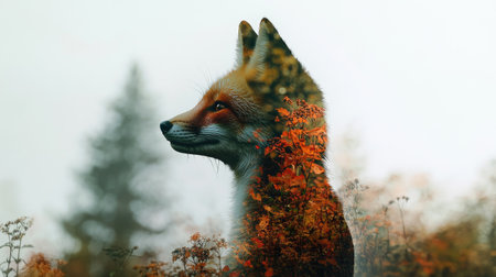 A stunning portrait of a fox enveloped in vibrant autumn leaves creates a dreamy atmosphere. The misty landscape adds a tranquil feel, ideal for nature lovers.の素材