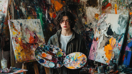 A young male painter stands in a vibrant studio filled with colorful canvases and paint palettes, showcasing his artistic expression and creativity.の素材