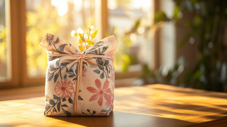 This image showcases a beautifully wrapped gift featuring a floral design, elegantly placed on a sunlit wooden table, evoking warmth and joy.の素材