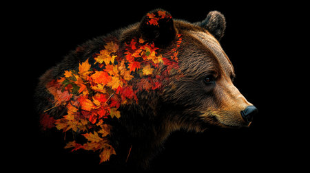 This striking image showcases a bear's profile adorned with vibrant autumn leaves, illustrating the beauty of nature in a seasonal context. The artistic details highlight wildlife and the rich colors of fall, creating a serene and captivating portrait.の素材