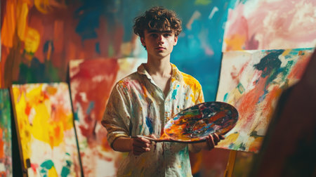A young male artist stands in a vibrant studio, holding a paint palette filled with colors, surrounded by abstract paintings that showcase his creativity.の素材