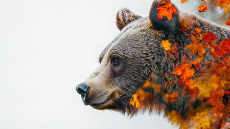 This stunning image features a grizzly bear's profile, beautifully complemented by vibrant autumn leaves against a soft white background, embodying the tranquility of nature.の素材