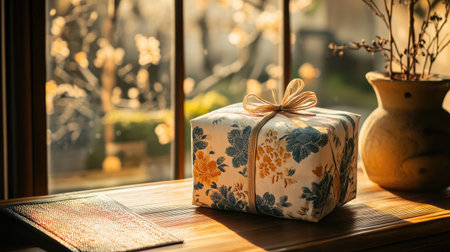 A beautifully wrapped gift adorned with floral paper and a delicate ribbon rests on a wooden table, illuminated by warm sunlight filtering through a window.の素材