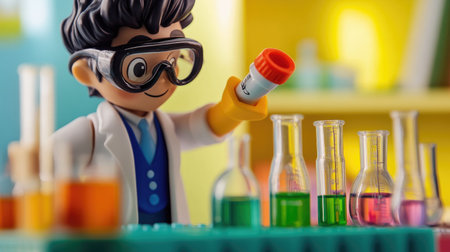 A playful scientist figure joyfully conducts colorful experiments in a vibrant laboratory setting, promoting curiosity and hands-on learning through imaginative play.の素材