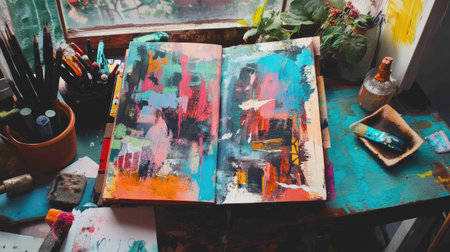 A lively art studio scene featuring an open sketchbook with a vibrant abstract painting, surrounded by various creative supplies and plants.の素材