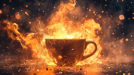 A captivating image of a coffee cup engulfed in flames and sparks, symbolizing energy and passion, perfect for dynamic and creative projects.の素材