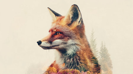 Stunning portrait of a majestic red fox blended with an artistic nature overlay, highlighting autumn colors and evoking sensations of tranquility and beauty.の素材