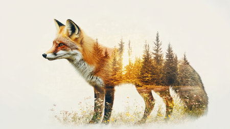 This enchanting double exposure image blends a majestic fox with a serene forest landscape, illuminated by the warm light of sunrise, capturing the essence of nature.の素材