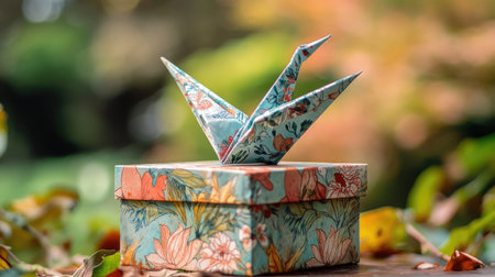A beautifully crafted origami crane sits atop an intricately designed gift box, surrounded by colorful autumn leaves, showcasing natureの素材