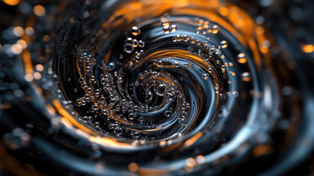 An engaging image capturing the mesmerizing swirl of water with bubbles, set against a dark backdrop and accented by vivid orange highlights, showcasing motion and beauty.の素材