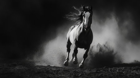 A stunning black and white photograph capturing a majestic horse galloping powerfully through clouds of dust. This image highlights the animal's speed, grace, and unbridled spirit.の素材