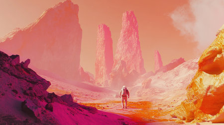 A solitary astronaut navigates a vibrant alien landscape filled with towering rock formations, bathed in pink and orange hues, evoking a sense of surreal exploration.の素材