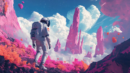 An astronaut stands in a surreal and vibrant alien landscape filled with towering pink mountains and colorful clouds, evoking a sense of exploration and wonder.の素材