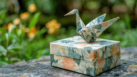 A vibrant origami crane perched elegantly atop a beautifully designed gift box, set amidst a lush garden that adds soothing greenery and charm.の素材