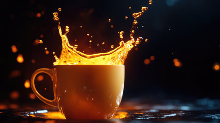 A stunning close-up image of a vibrant orange liquid splashing from a ceramic cup against a dark background, illustrating motion and energy.の素材