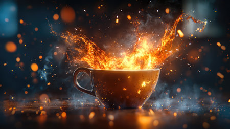 A striking image capturing the dynamic explosion of flames and bright sparks erupting from a coffee cup, set against a dark background, evoking energy and intensity.の素材