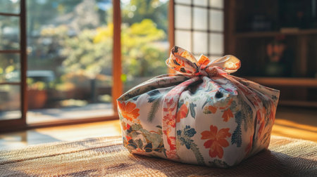 A charming gift wrapped in vibrant floral fabric rests in a sunlit traditional Japanese room, showcasing artistic design and natural beauty perfect for any occasion.の素材