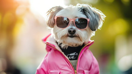 A fashionable small dog sporting stylish sunglasses and a pink jacket poses in a lively outdoor setting, exuding charm and joy. Perfect for pet lovers!の素材