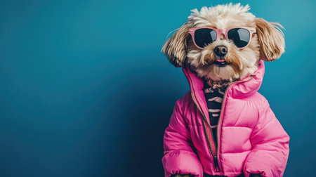 A stylish small dog poses in a pink jacket and sunglasses, showcasing its personality against a vibrant blue background. Perfect for pet fashion themes.の素材