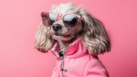 A fashionable dog sporting stylish sunglasses and a pink jacket poses against a vibrant pink background, capturing a playful and trendy pet moment.の素材