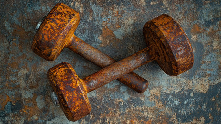 This image showcases a pair of rusty dumbbells laid across a textured surface, symbolizing strength and the journey of fitness through time.の素材