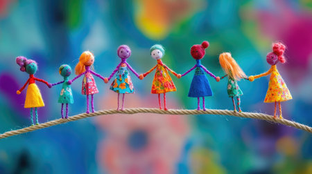 A vibrant scene featuring colorful handmade dolls made from fabric, holding hands while balanced on a rope, symbolizing unity and joy.の素材