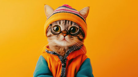 This charming image showcases an adorable cat wearing glasses and a vibrant hat, posing playfully against a bright yellow background, capturing joy and style.の素材