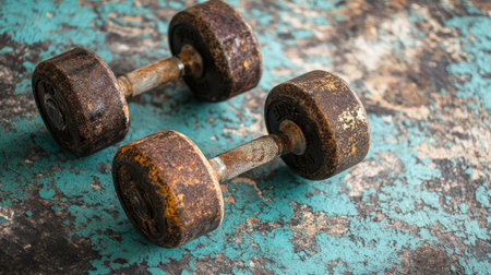 Close-up view of two rusty dumbbells resting on a textured teal surface, ideal for highlighting themes of fitness, strength training, and vintage workout gear.の素材