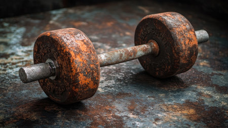 A vintage-style rusty dumbbell rests on a worn textured background, perfect for showcasing themes of fitness, strength training, and aged gym equipment.の素材