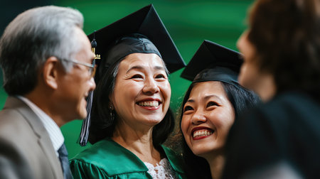 This image captures the joyful essence of a graduation ceremony, showcasing smiling graduates surrounded by proud family members celebrating their achievement together in an emotional moment.の素材