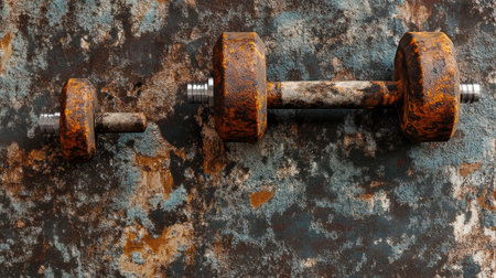 A compelling image of rusty dumbbells highlights the contrast between decay and strength, ideal for fitness, gym, and workout themes, evoking a sense of nostalgia.の素材