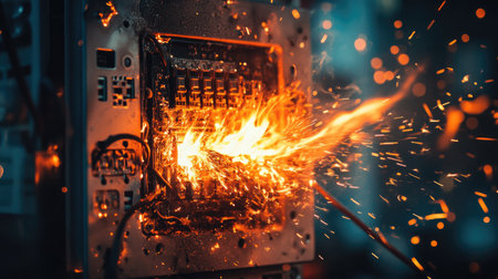 A captivating image of bright sparks and flames erupting from electrical equipment, capturing a dramatic moment in an industrial setting filled with energy.の素材