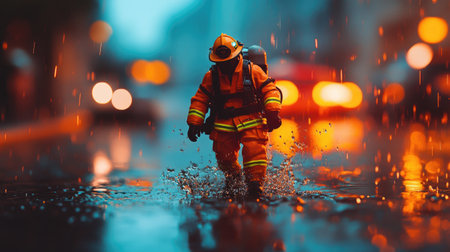 A determined firefighter navigates flooded urban streets under stormy conditions, creating splashes as he moves, highlighting courage and resilience in challenging weather.の素材