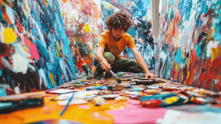 A young artist is seen deeply engaged in creating vibrant abstract artwork in a lively studio, surrounded by colorful canvases and art materials.の素材