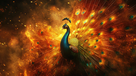 This stunning image captures a peacock displaying its vibrant and colorful feathers against a fiery orange and gold background, symbolizing beauty and elegance.の素材