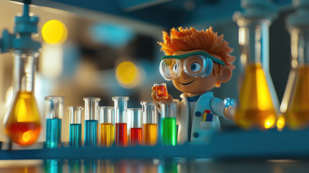 A young scientist enthusiastically holds a colorful test tube while surrounded by various glass beakers and flasks filled with vibrant liquids, capturing the spirit of curiosity and discovery in a laboratory setting.の素材