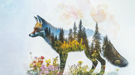 This captivating double exposure features a fox integrated with floral and forest elements, creating a whimsical blend of nature and art, perfect for wildlife enthusiasts.の素材