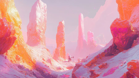 This stunning image features a surreal landscape adorned with colorful rock formations and a lone traveler. The vibrant colors and ethereal atmosphere create a sense of adventure and exploration in a dreamlike environment.の素材