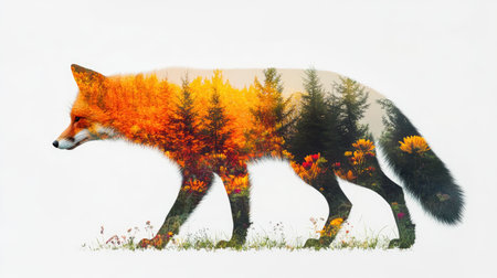 This artwork presents a double exposure of a fox silhouette combined with a vivid autumn forest and colorful flowers, creating a stunning visual blend of nature.の素材