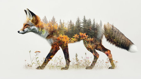 A stunning double exposure image featuring a fox walking gracefully through a vibrant autumn forest. The artwork combines the beauty of wildlife with rich colors of nature, showcasing an enchanting blend of a fox silhouette filled with autumn foliage and flowers, creating a serene and captivating atmosphere.の素材