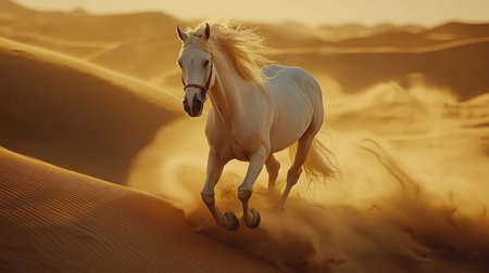 A breathtaking view of a white horse galloping across expansive golden sand dunes at sunset, showcasing movement and beauty in a serene desert setting.の素材