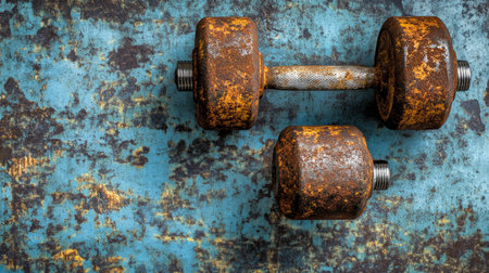 A close-up view of a rusty dumbbell resting on a weathered blue surface, symbolizing resilience and grit in fitness and health pursuits.の素材