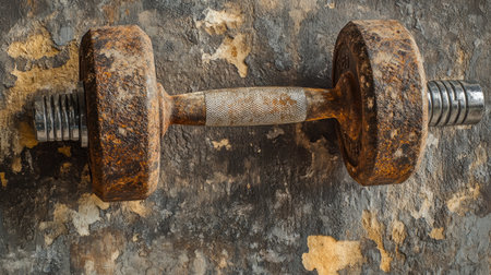 A close-up view of a rusty dumbbell resting on a textured wall. The weathered surface highlights the age and charm of fitness equipment, perfect for fitness-related themes.の素材