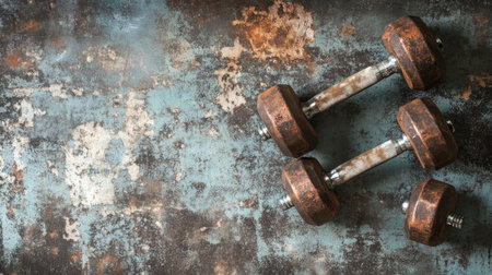 This image features rusty dumbbells resting on a distressed background, perfect for conveying themes of fitness, strength training, and determination.の素材