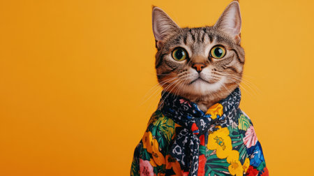 This vibrant image features a playful cat wearing a colorful shirt against a bright yellow backdrop. The cat's expressive eyes and unique outfit capture the joy and personality of pet fashion. Perfect for animal lovers and creative projects!の素材