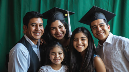 A vibrant family gathering celebrating graduation showcases joyous smiles and pride in achievements. The graduates, adorned with caps, share a special moment with their loved ones against a striking green background.の素材