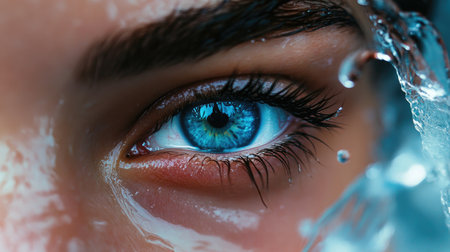 A mesmerizing close-up image of a blue eye with intricate details surrounded by water droplets, capturing the beauty of nature and human emotion.の素材