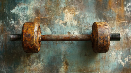 This image features a rusty dumbbell set against a creatively textured background, ideal for showcasing fitness struggles and strength training.の素材