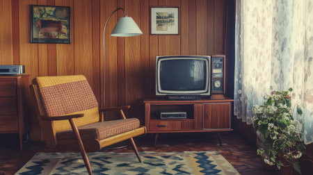 This image showcases a vintage living room featuring retro furniture and a classic television set, exuding warmth and nostalgic charm in a cozy atmosphere.の素材