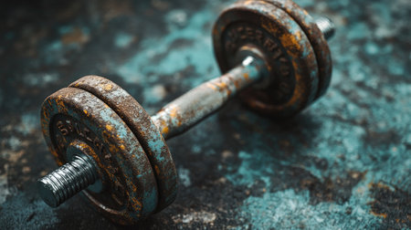 This image showcases a rusty dumbbell resting on a textured surface, embodying a sense of age, wear, and the persistent spirit of fitness and strength training.の素材